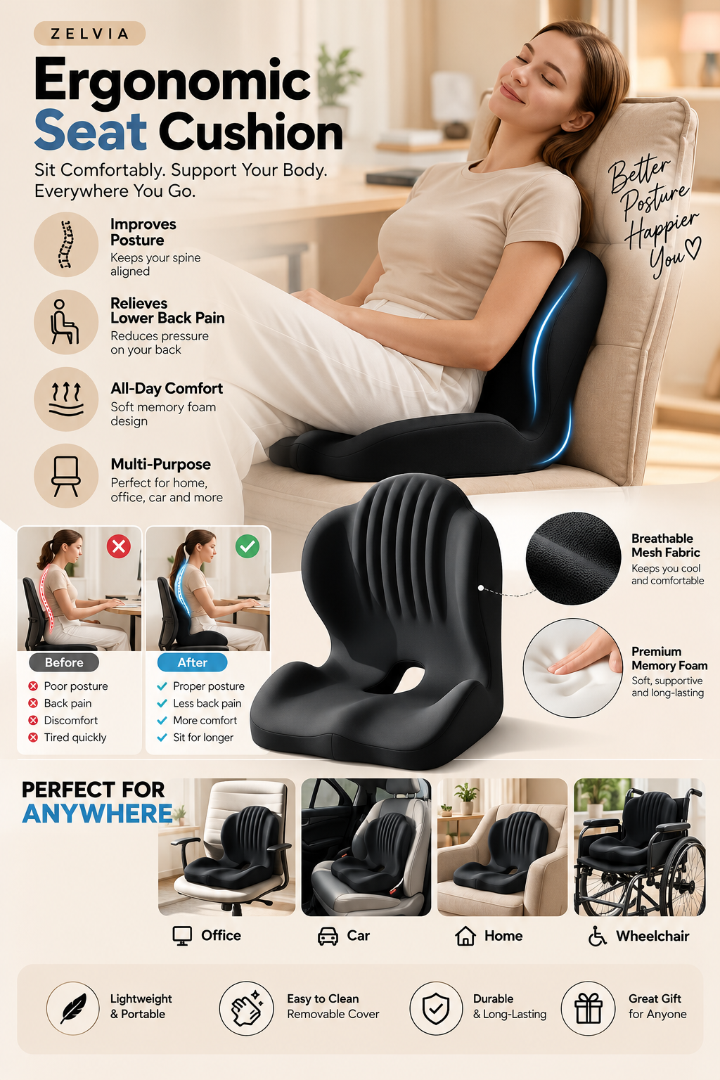 ErgoComfort Memory Foam Seat Cushion
