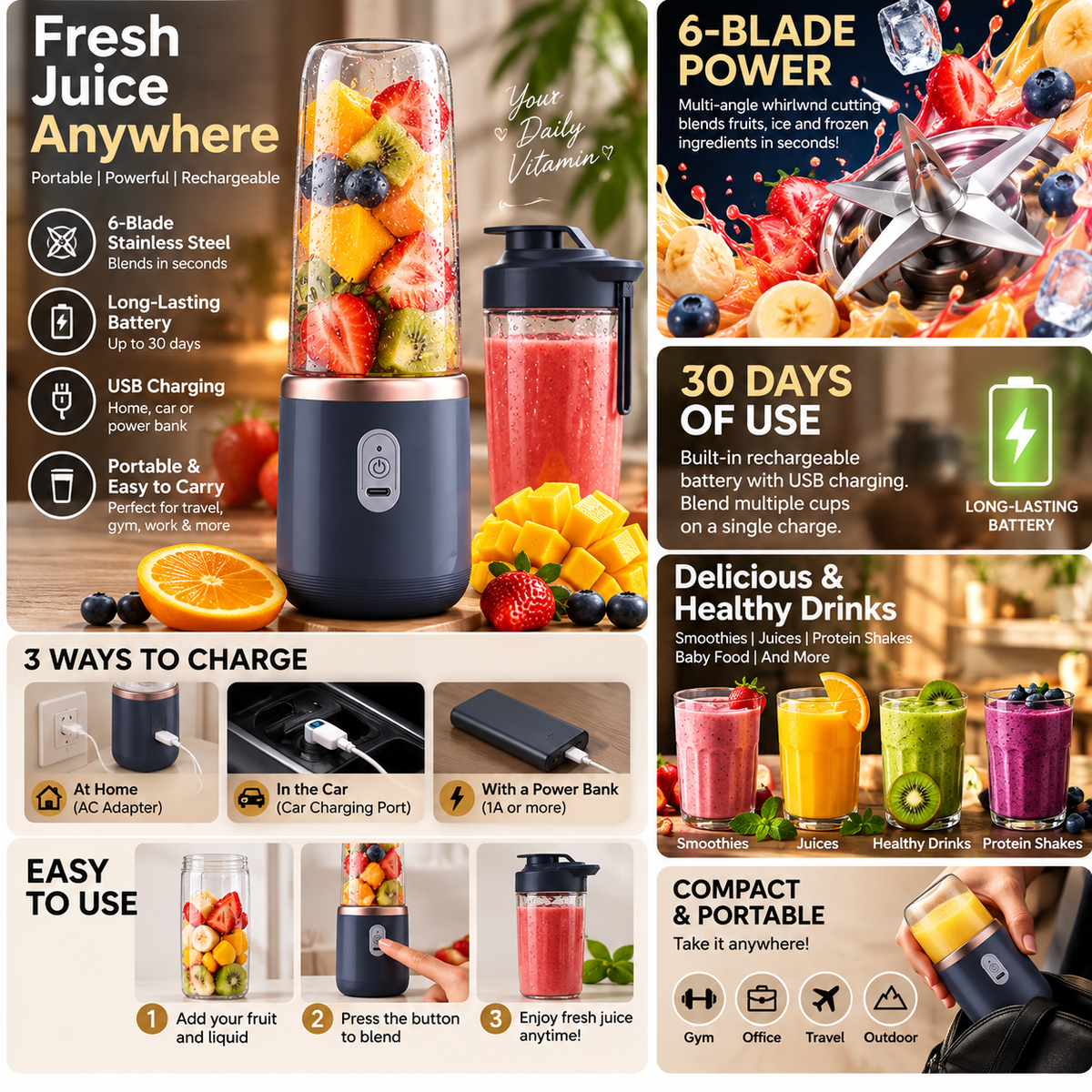 Portable 6-Blade Electric Juice Blender